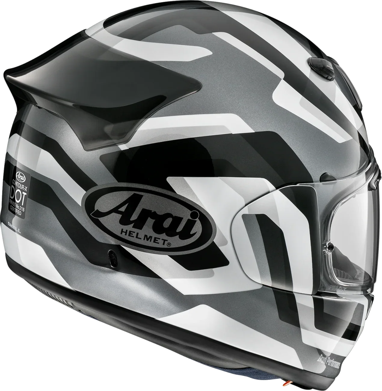 Arai Contour-X full-face motorcycle helmet with black, white, and gray geometric design, DOT certified