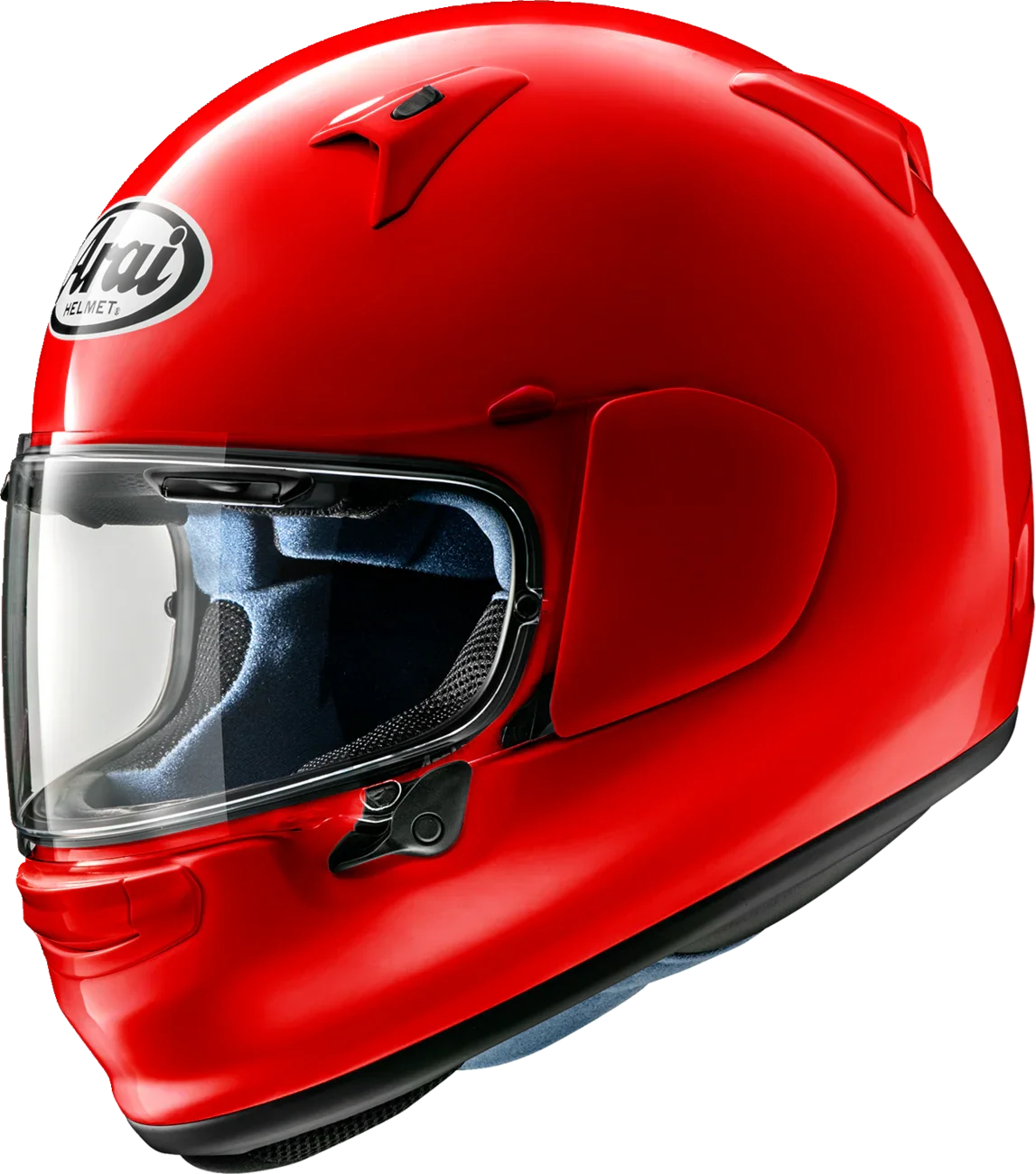 Red Arai motorcycle helmet with clear visor, premium full-face design for rider safety and protection