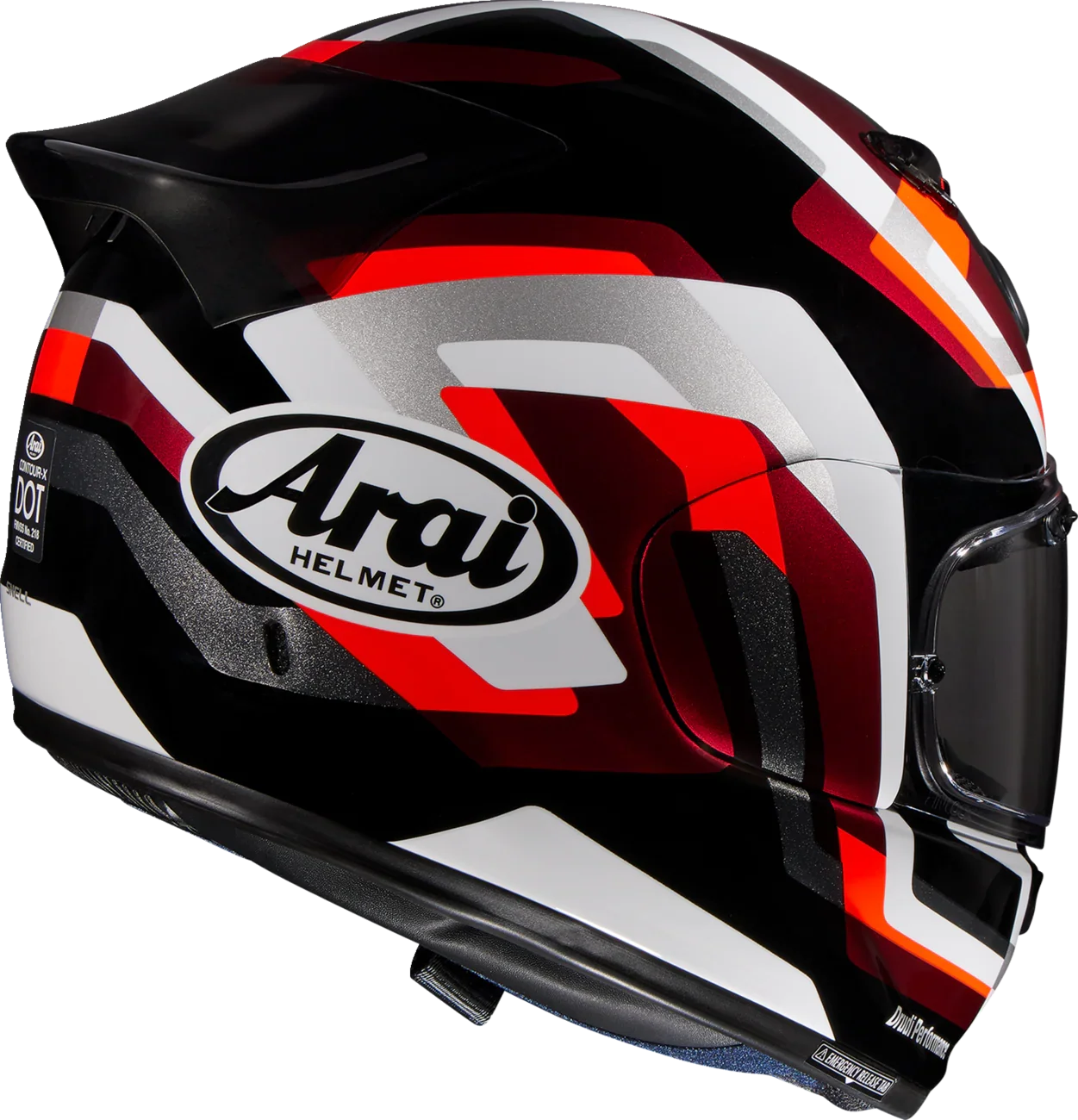 Arai motorcycle helmet with bold red, white, and black graphics, DOT certified, full-face design