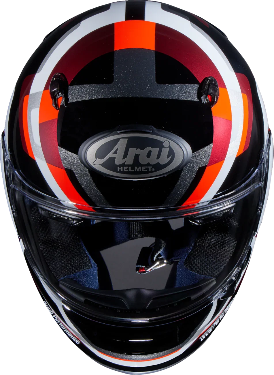 Arai full-face motorcycle helmet with black, red, and white graphics, clear visor, and performance design
