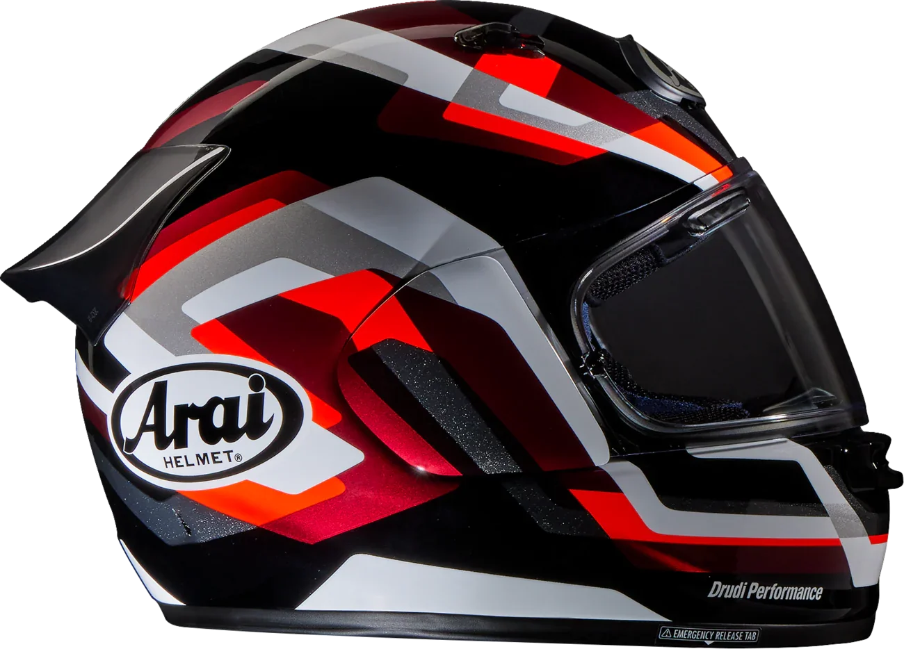 Arai full-face motorcycle helmet with red, black, and silver graphics, featuring Drudi Performance design and emergency release tab.
