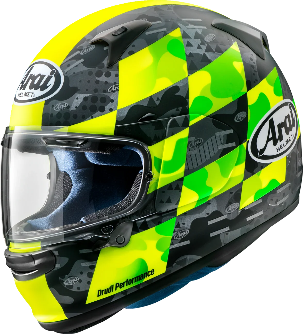 Arai Drudi Performance motorcycle helmet with neon yellow and green camo design, clear visor, and black accents