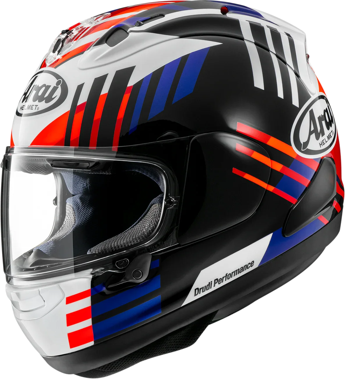 Arai Drudi Performance motorcycle helmet with bold red, blue, and black stripes, clear visor, and premium design