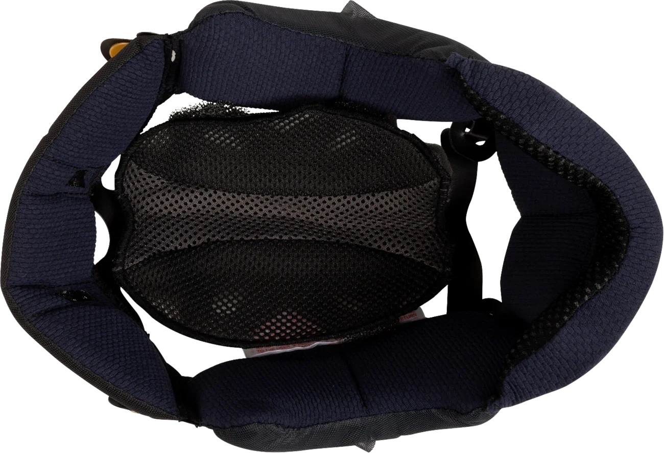 Interior view of motorcycle helmet with navy padding and black mesh lining for comfort and ventilation