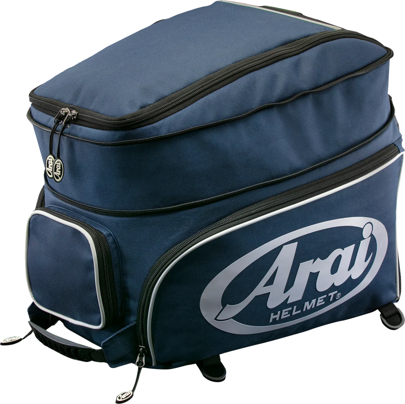 Arai helmet bag with multiple zippers and side pockets for motorcycle gear storage