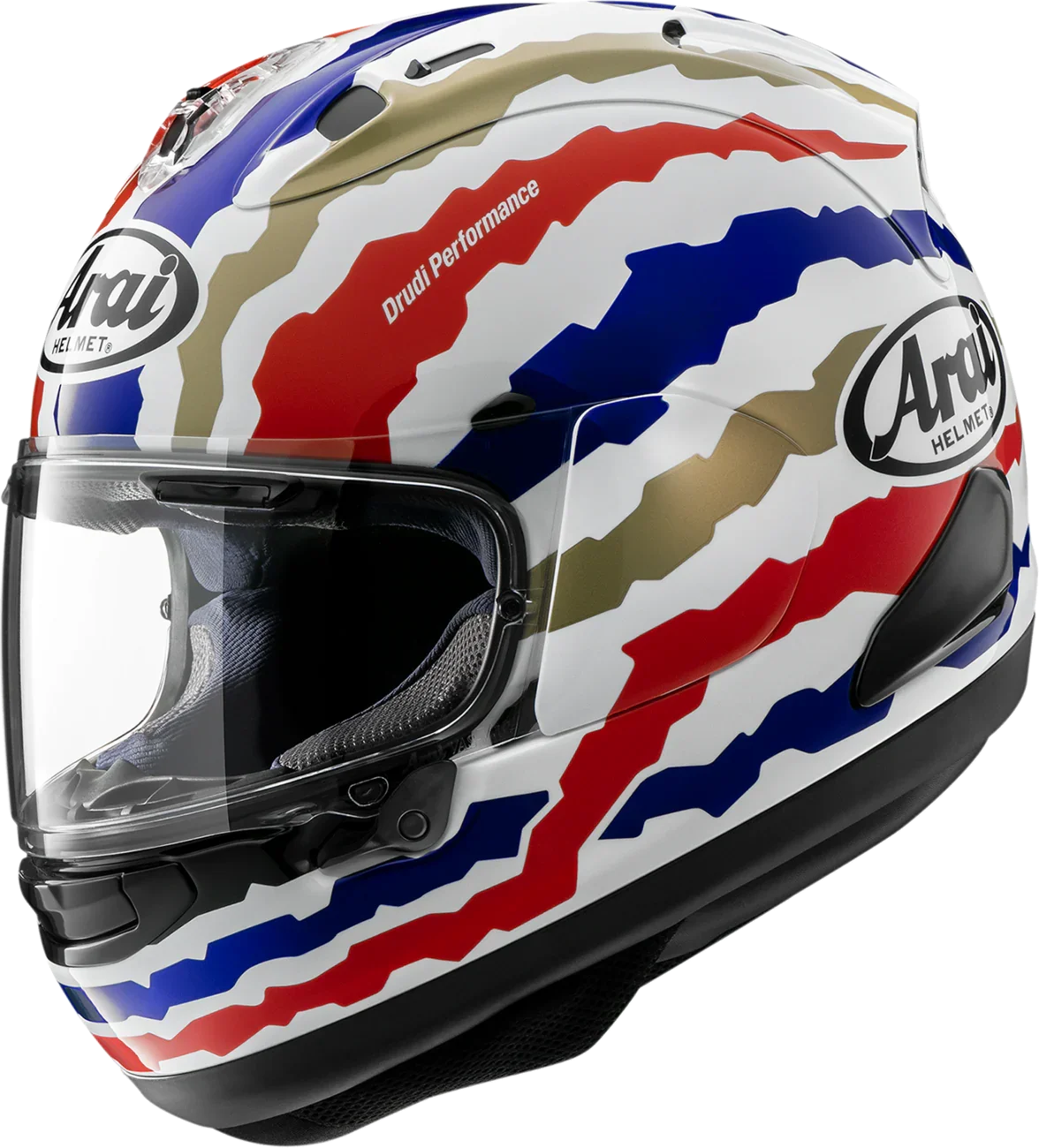 Arai Drudi Performance motorcycle helmet with red, blue, gold, and white graphic design and clear visor