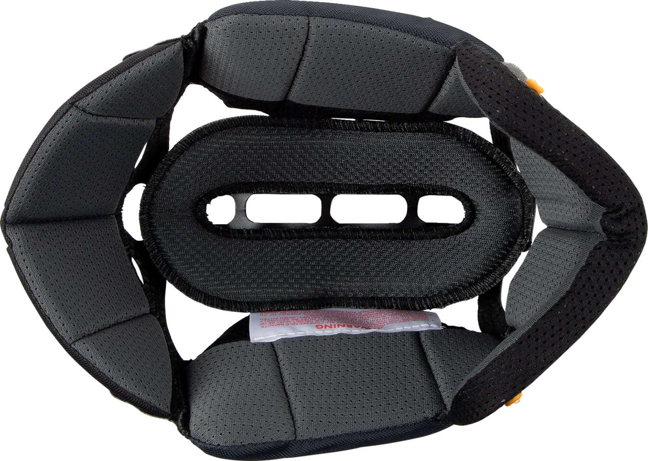 Black motorcycle helmet interior padding with ventilation slots and warning label