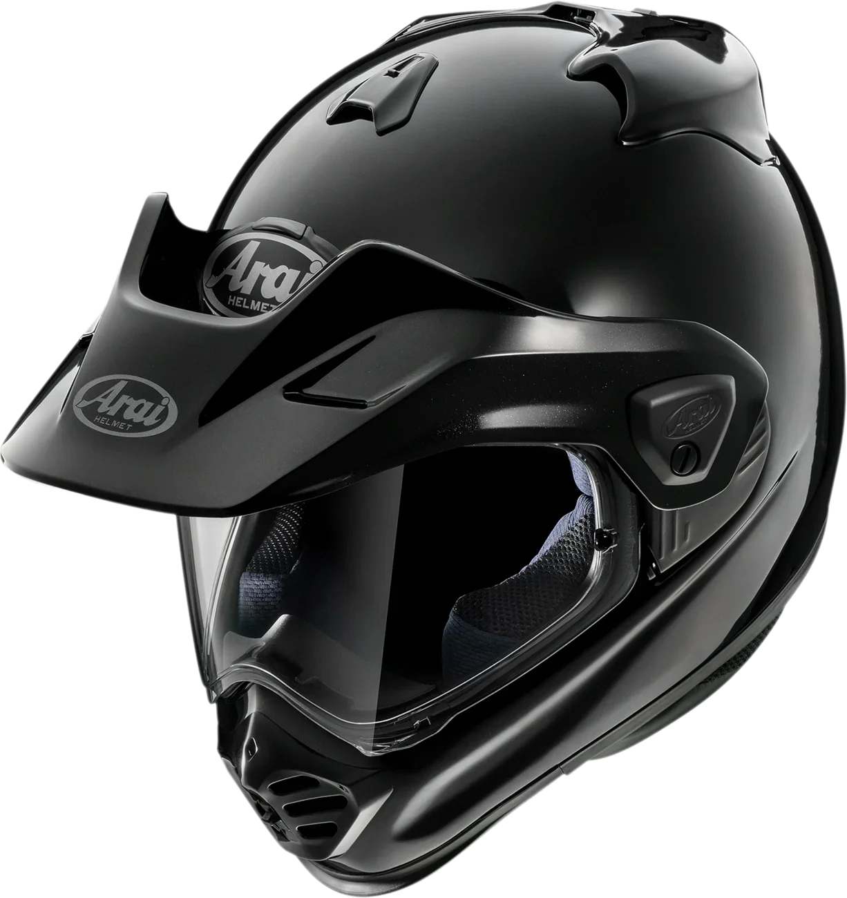 Arai black modular motorcycle helmet with clear visor and chin vent for street and off-road riding