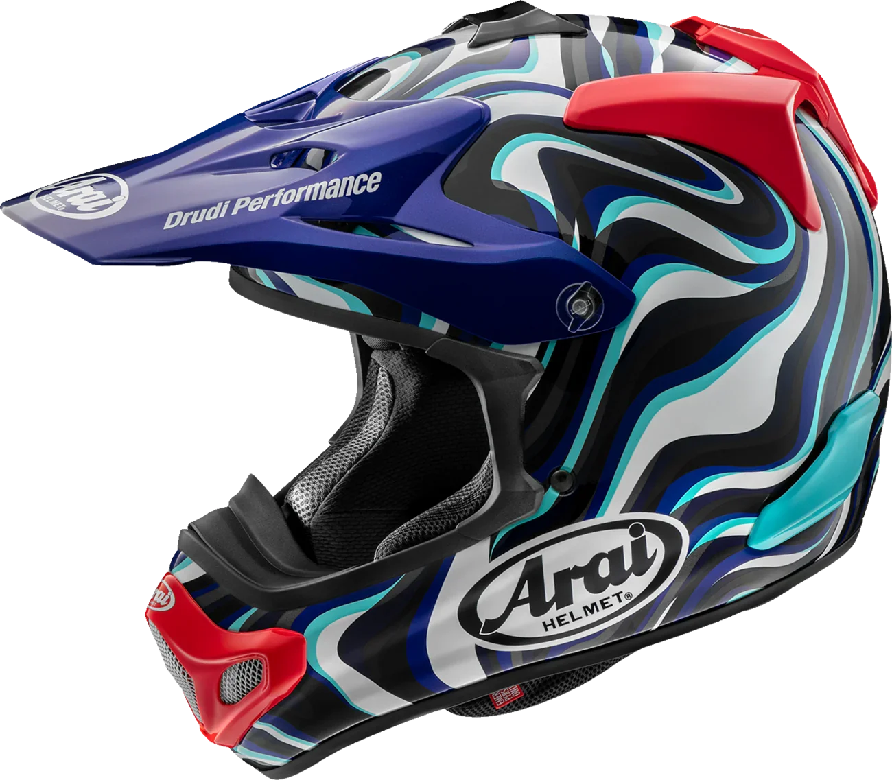 Arai motocross helmet with Drudi Performance graphics, blue, red, and teal swirl design