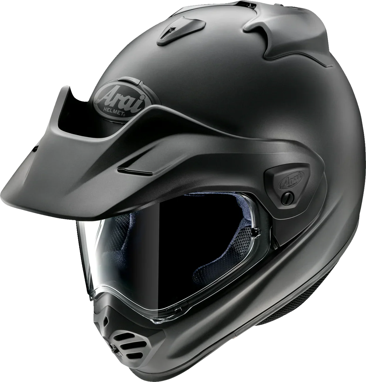 Matte black Arai dual-sport motorcycle helmet with clear visor and chin vent