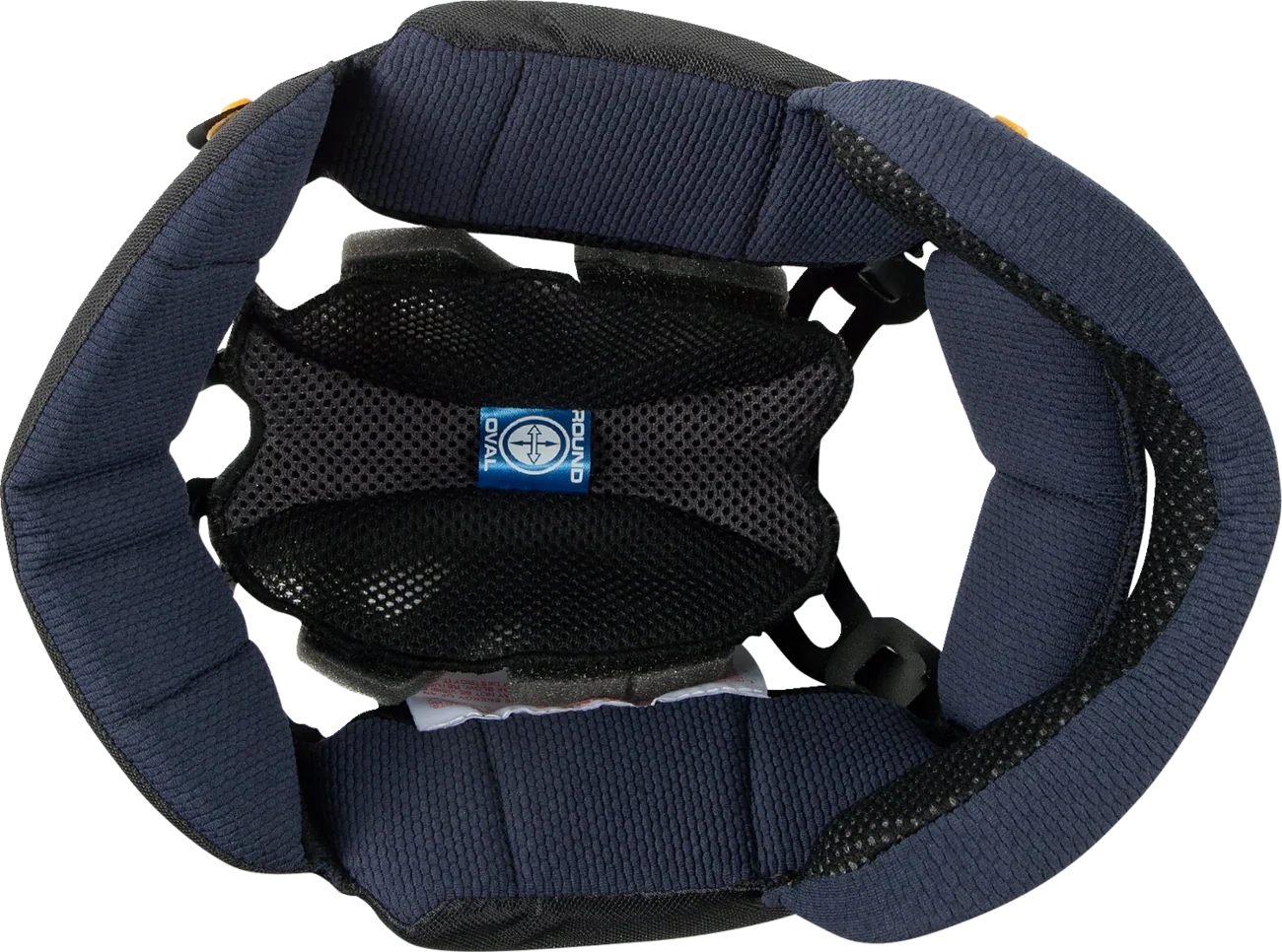 Blue and black motorcycle helmet interior with padded comfort liner and ventilation mesh