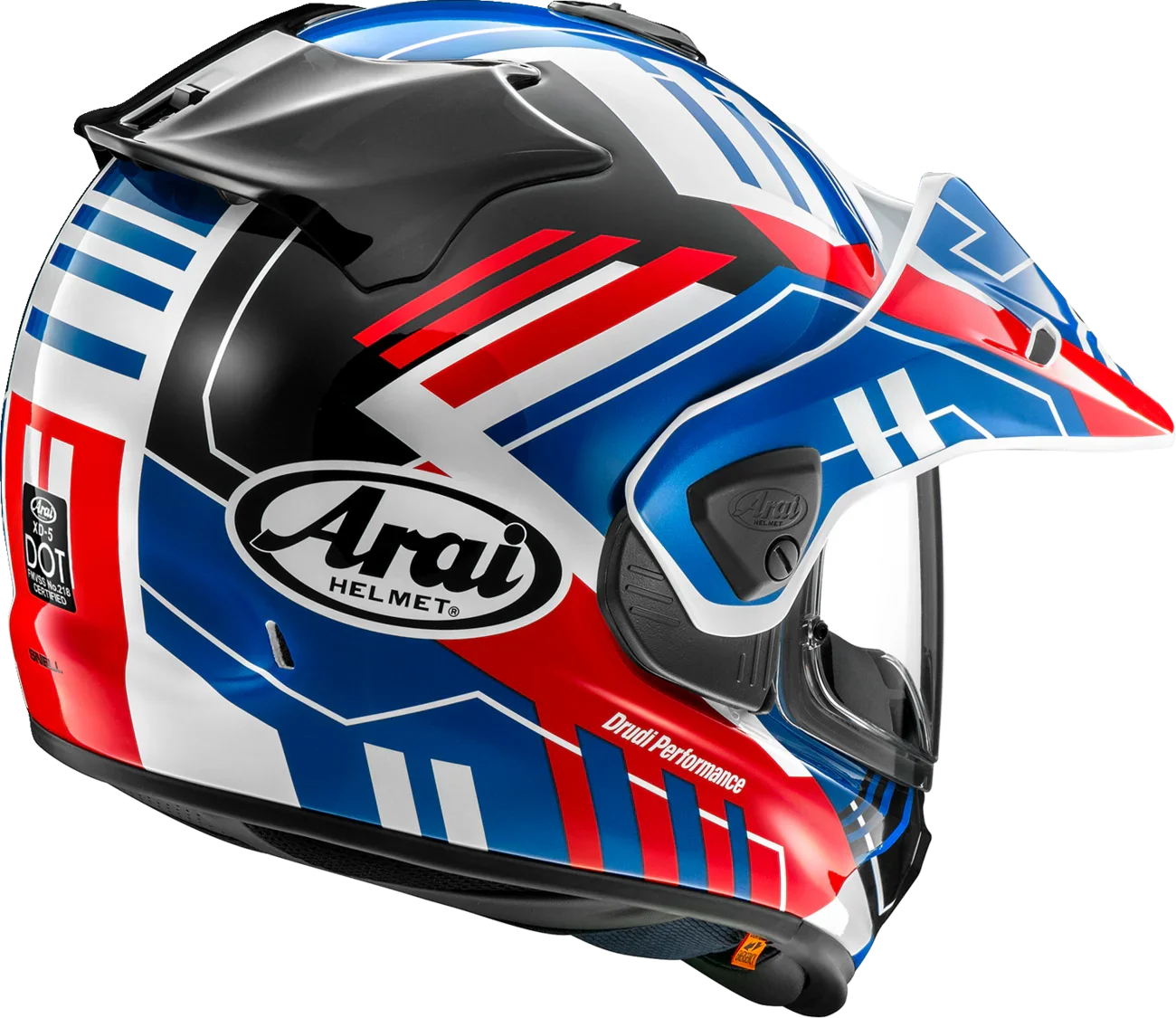Arai XD-5 off-road motorcycle helmet with red, white, and blue graphics, DOT certified, Drudi Performance design