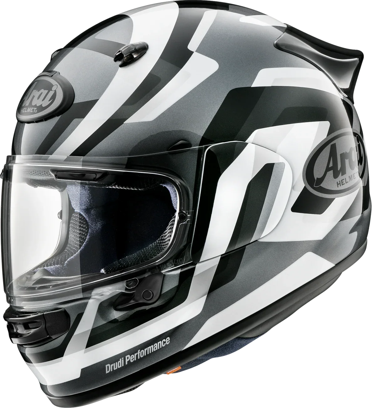 Arai Drudi Performance full-face motorcycle helmet with black, white, and gray graphics and clear visor