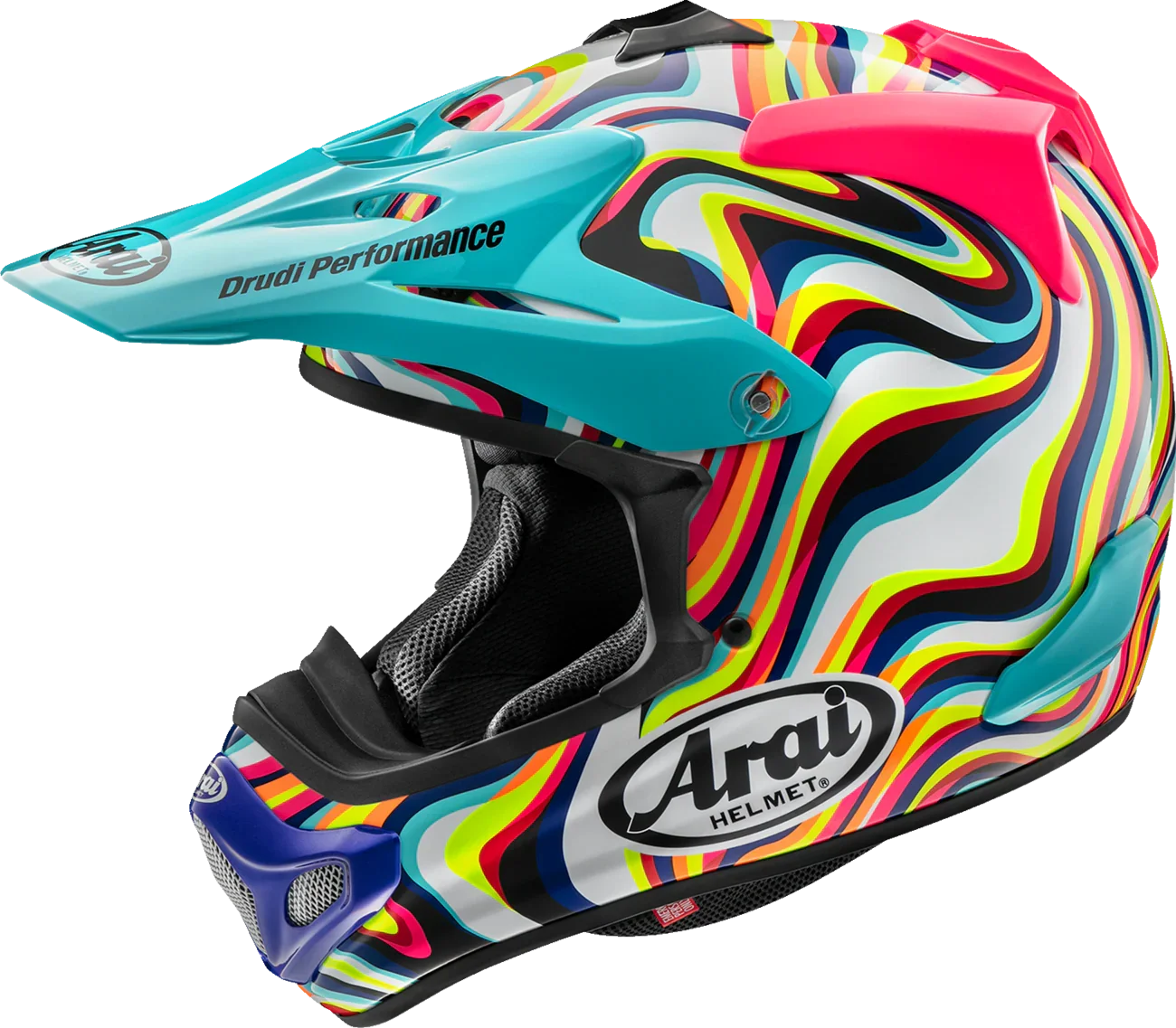 Arai motocross helmet with vibrant swirl graphics, Drudi Performance visor, and colorful accents for off-road riding.