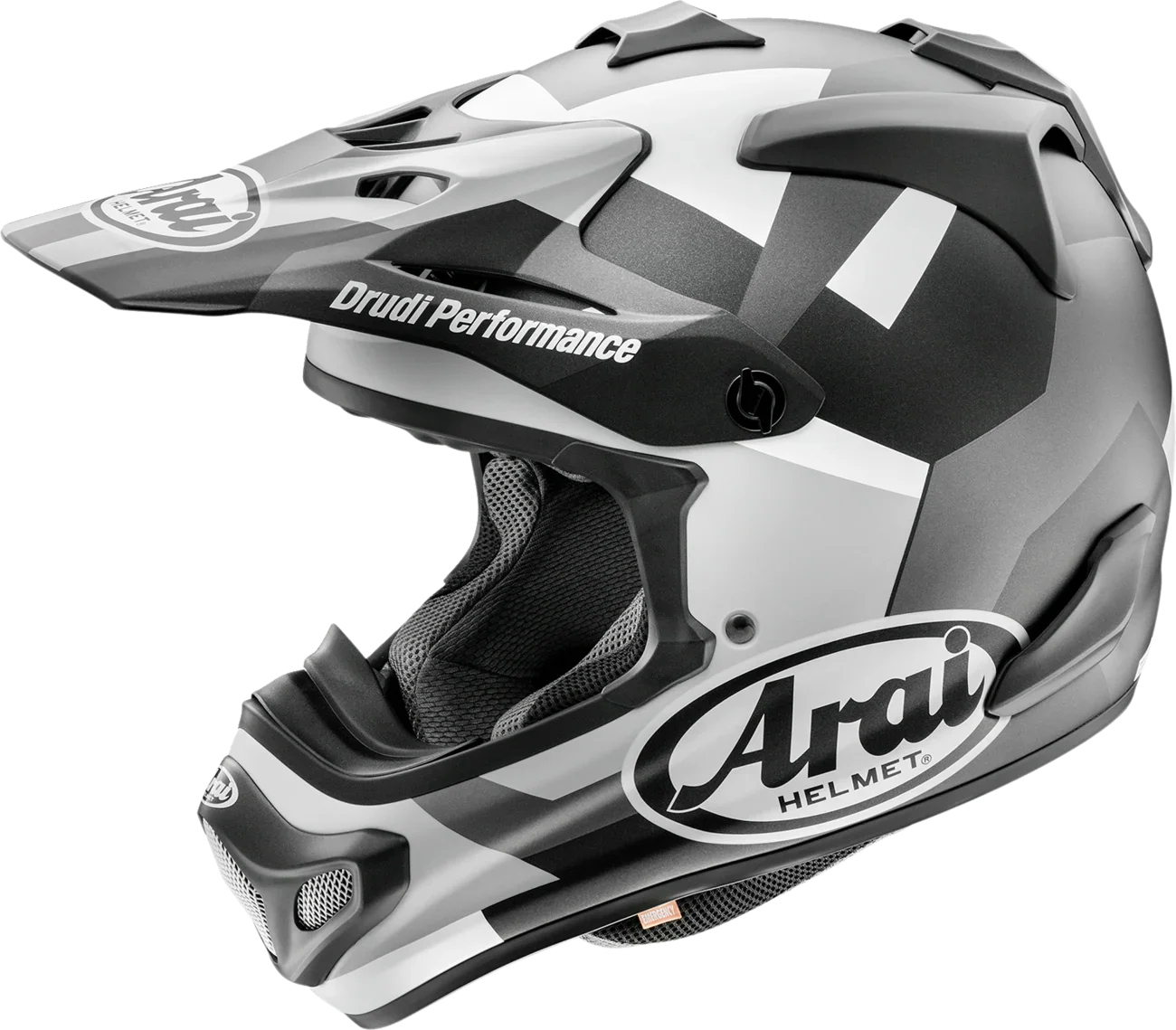 Arai Drudi Performance off-road motorcycle helmet with black and white graphics, featuring ventilation and chin guard