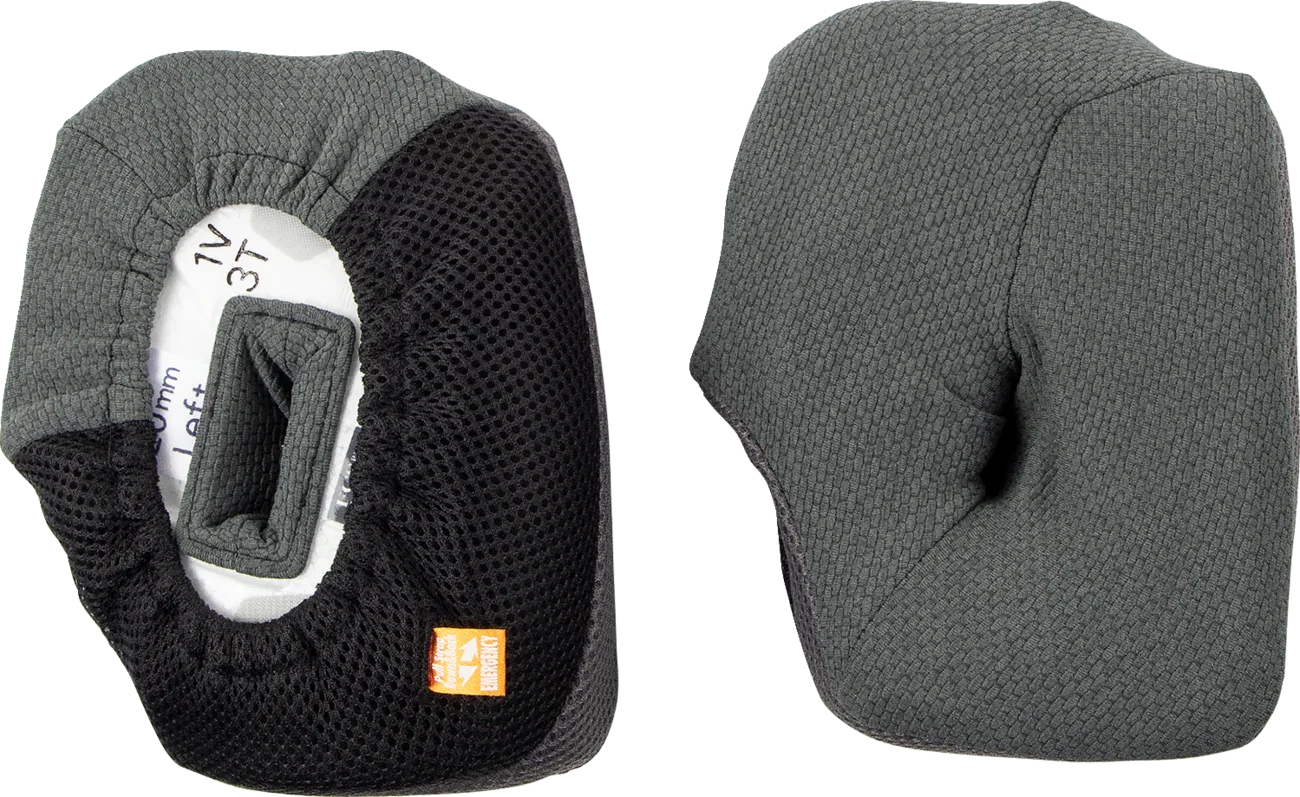 Gray and black motorcycle helmet cheek pads with mesh lining and emergency release tag
