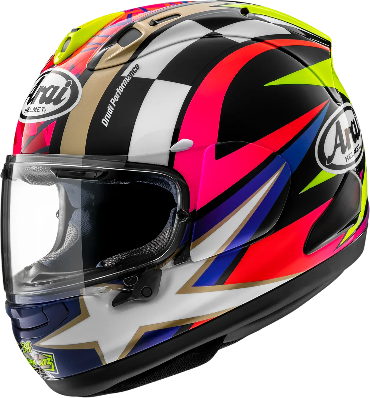 Arai motorcycle helmet with vibrant checkered and star design, featuring clear visor and bold colors