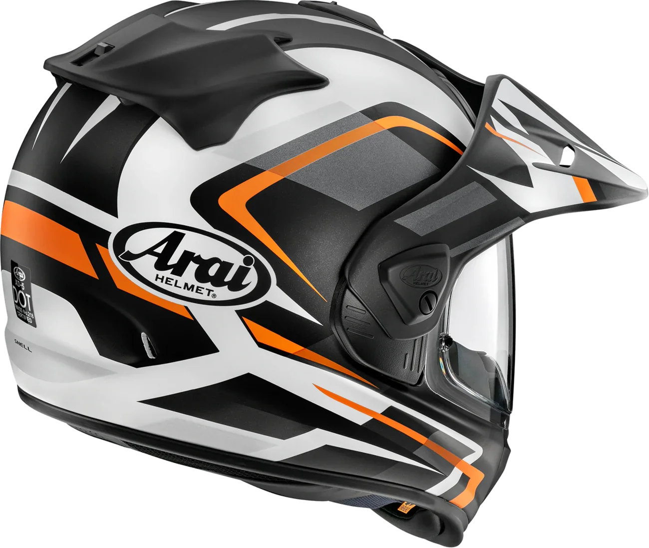 Arai motorcycle helmet with black, white, and orange graphics, featuring DOT certification and clear visor