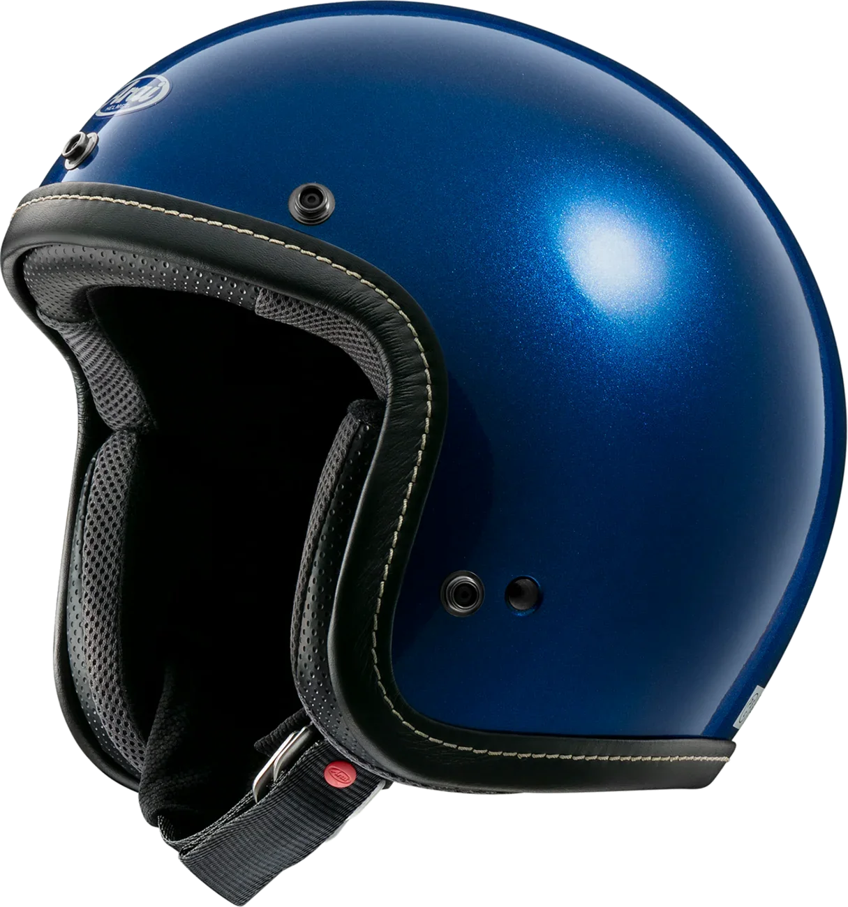 Blue open-face motorcycle helmet with black trim and ventilation ports