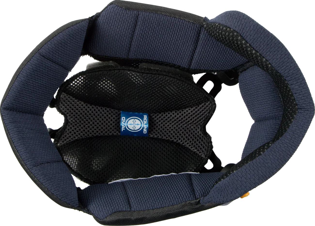 Motorcycle helmet interior with navy padding and black mesh lining for comfort and ventilation