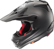 Matte black off-road motorcycle helmet with red interior lining and vented design