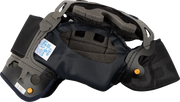 Motorcycle helmet interior with foam padding, chin strap, and size label for comfort and safety