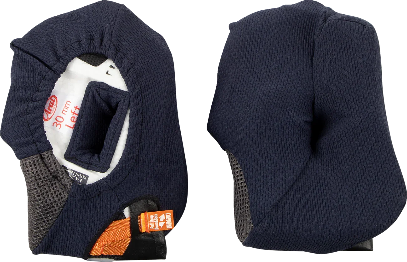 Arai 30mm left cheek pad for motorcycle helmets, navy blue with mesh and emergency pull tab