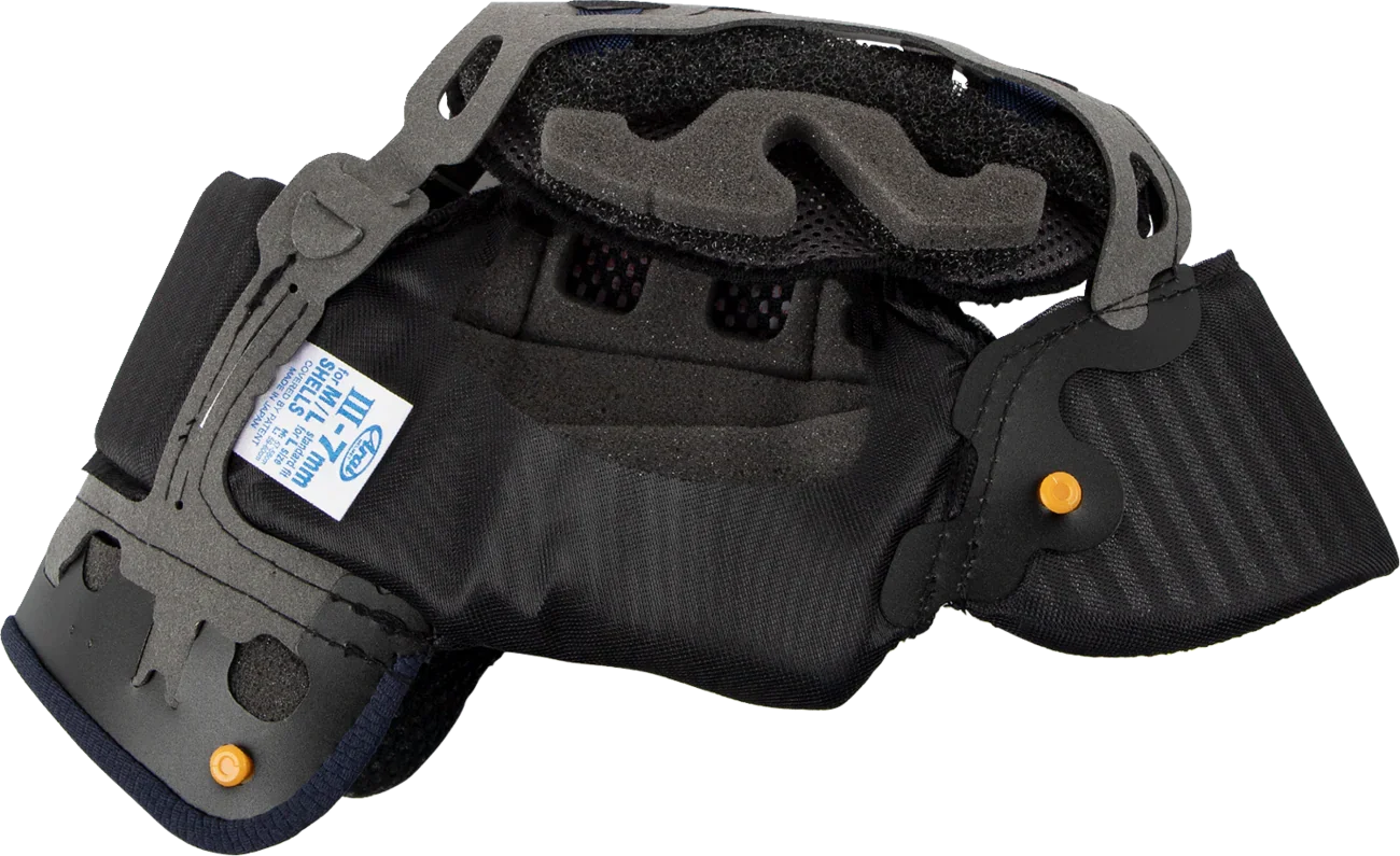 Black motorcycle helmet cheek pads with foam lining and orange snaps, compatible with M/L shells