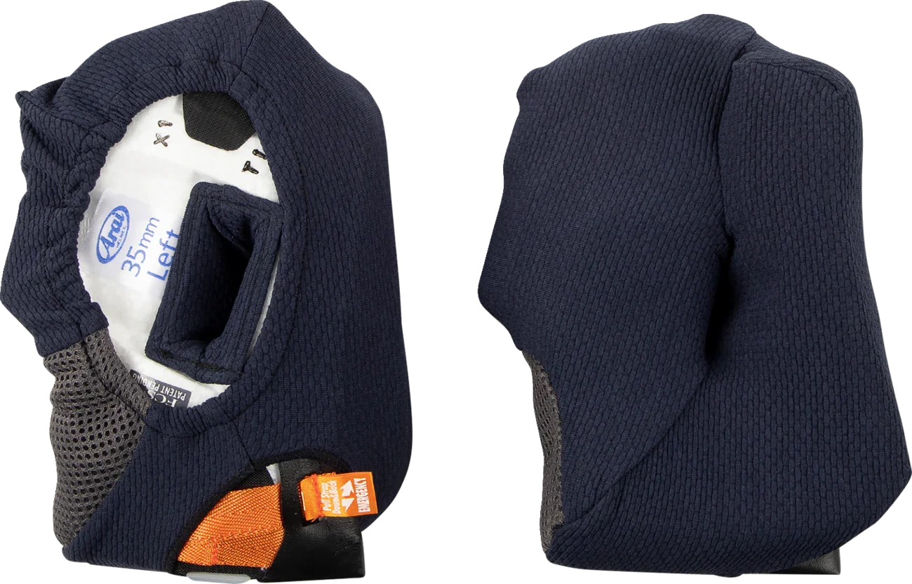 Arai 35mm left motorcycle helmet cheek pad with emergency release, navy ribbed fabric and mesh lining
