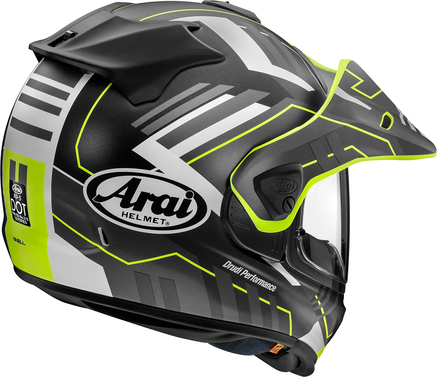 Arai XD-5 off-road motorcycle helmet with black, white, and neon green graphics, DOT certified