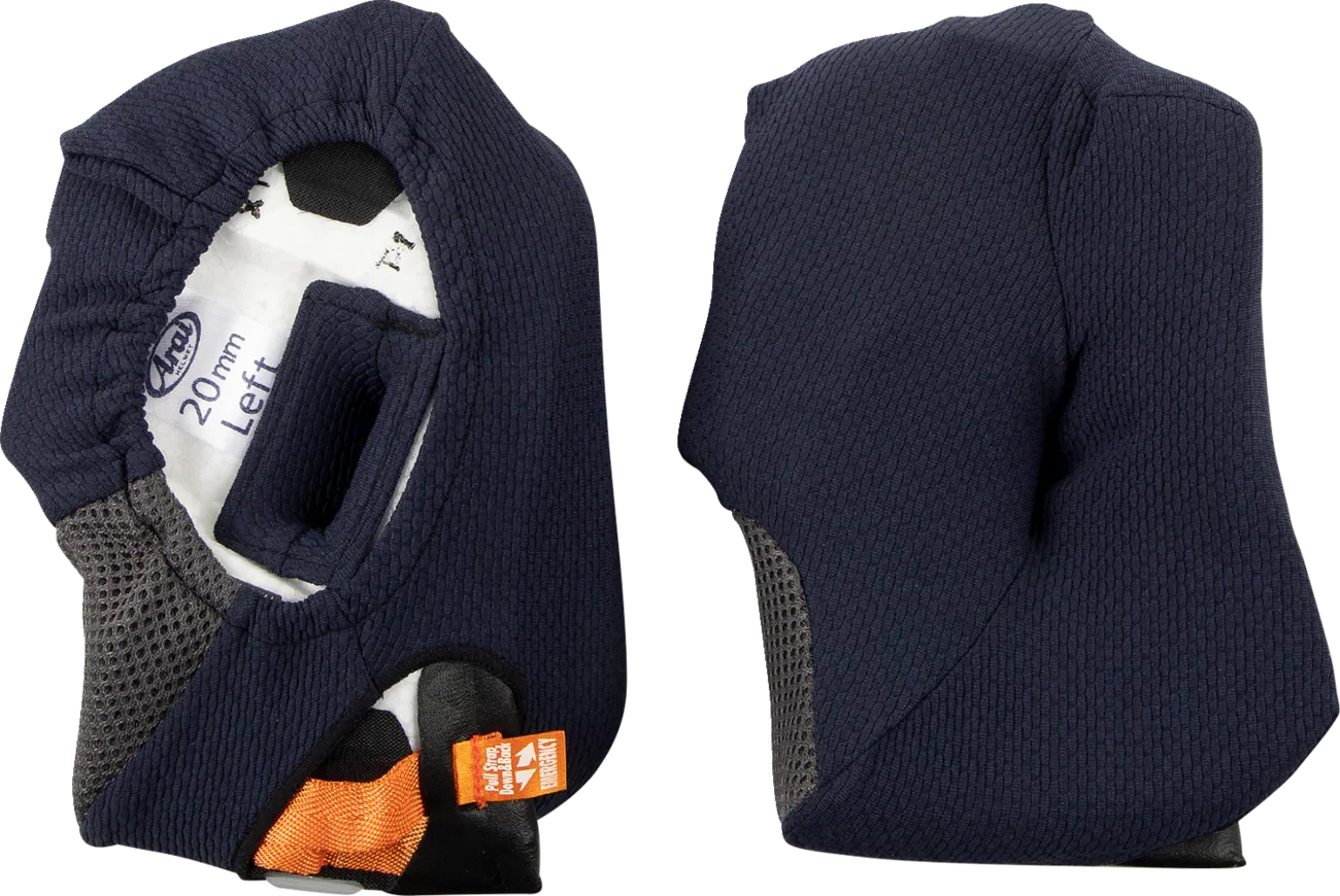 Arai 20mm left motorcycle helmet cheek pad with emergency release, navy blue textured liner