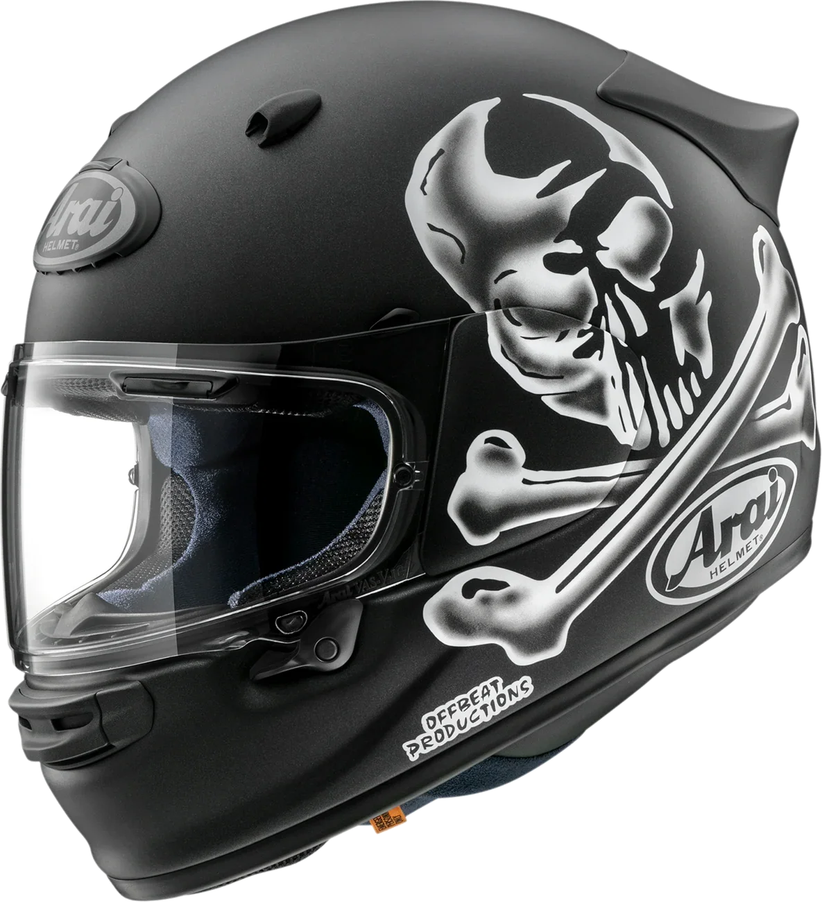 Matte black Arai motorcycle helmet with skull and crossbones graphic, clear visor, and Offbeat Productions design