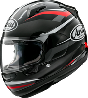 Arai full-face motorcycle helmet with black, red, and white graphics, clear visor, and SE design badge