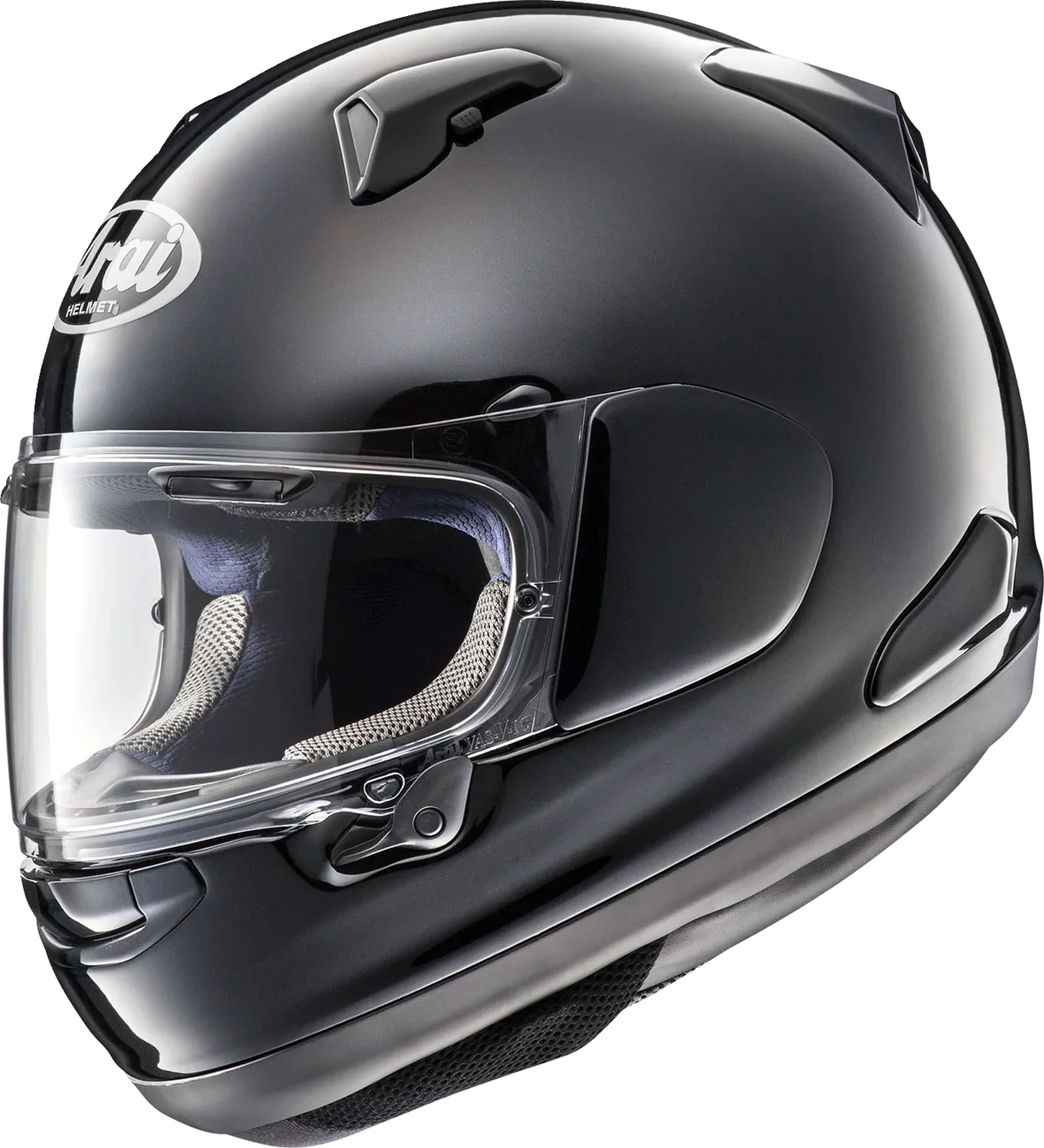 Arai full-face motorcycle helmet with clear visor, sleek black design for rider safety and comfort