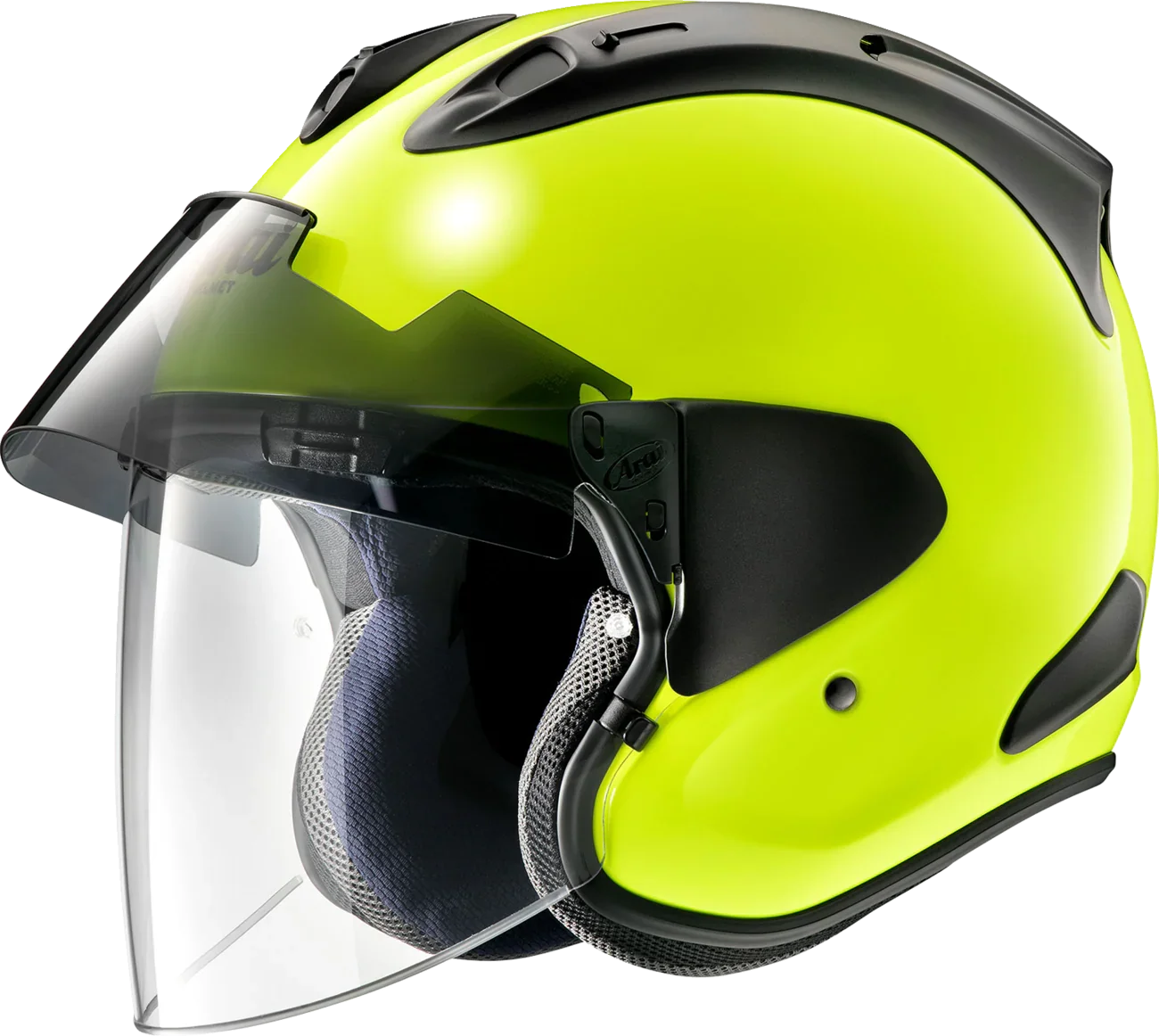 Bright yellow Arai motorcycle helmet with clear visor and black accents, designed for safety and style.