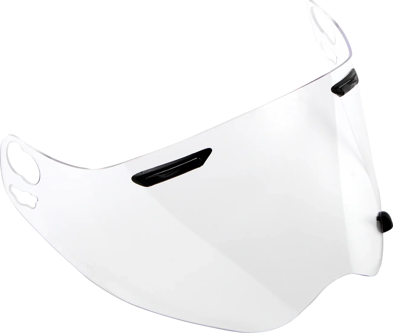 Clear motorcycle helmet visor with black attachment clips for secure fit and protection