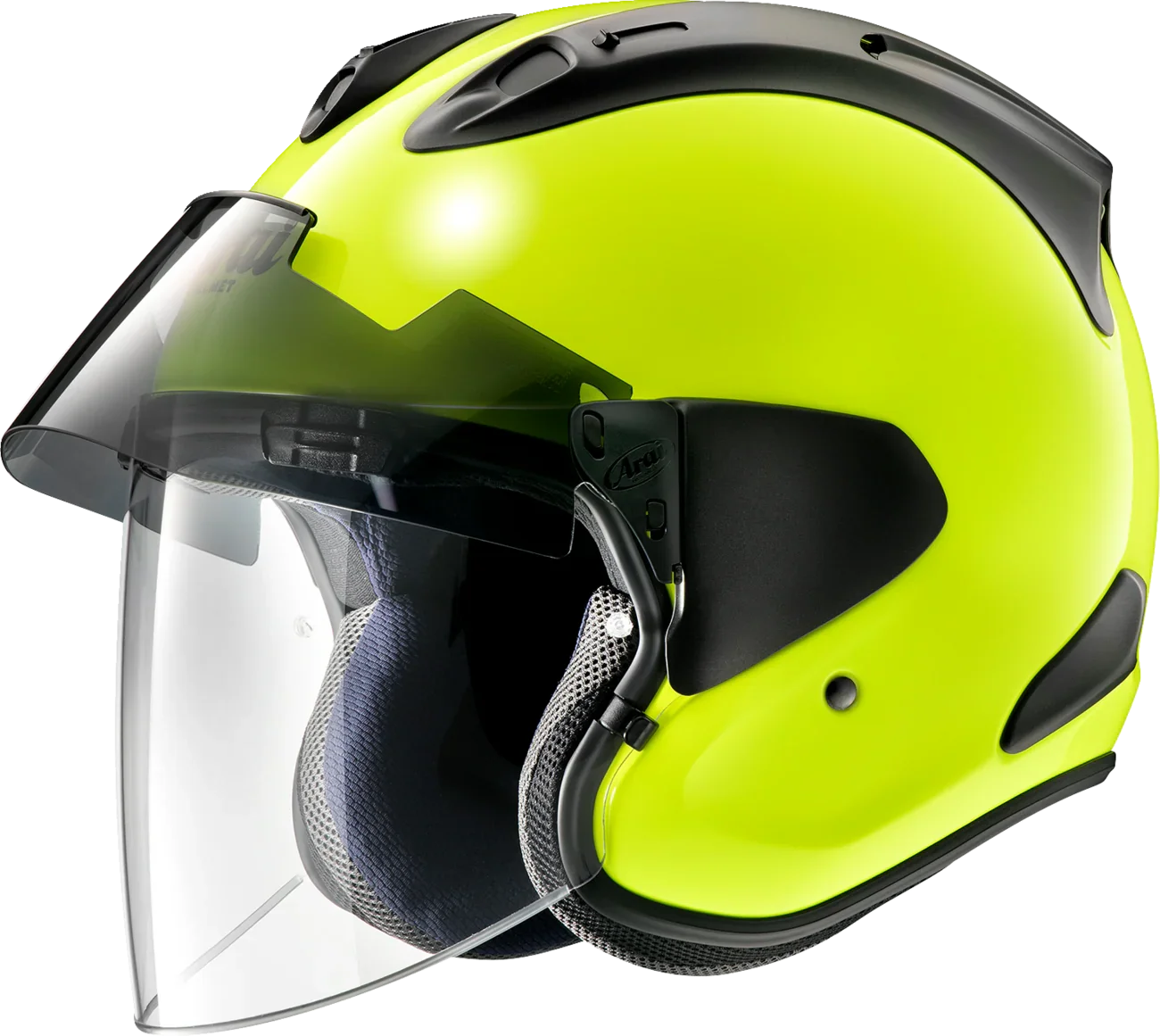 Bright yellow Arai motorcycle helmet with clear visor and black accents, designed for safety and style.