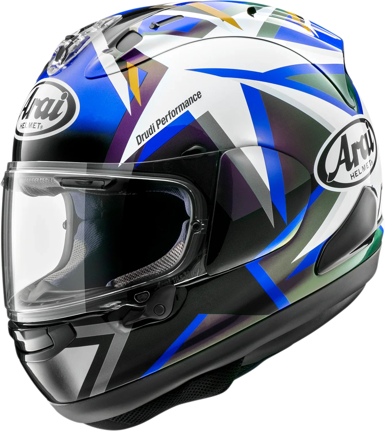 Arai Drudi Performance motorcycle helmet with blue, white, and black graphic design and clear visor