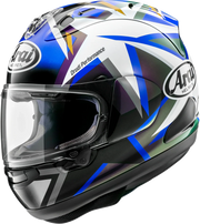Arai Drudi Performance motorcycle helmet with blue, white, and black graphic design and clear visor