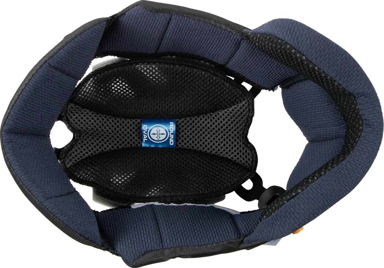 Oval Round motorcycle helmet interior with navy padding and breathable mesh lining for comfort and fit
