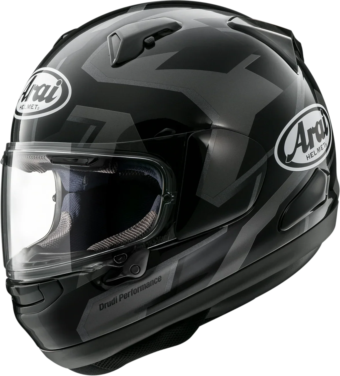 Arai Drudi Performance full-face motorcycle helmet with clear visor and geometric black design