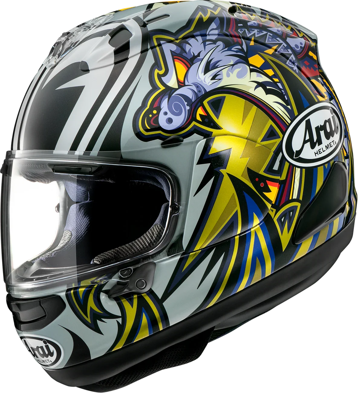Arai full-face motorcycle helmet with vibrant graphic design, clear visor, and bold colors for riders