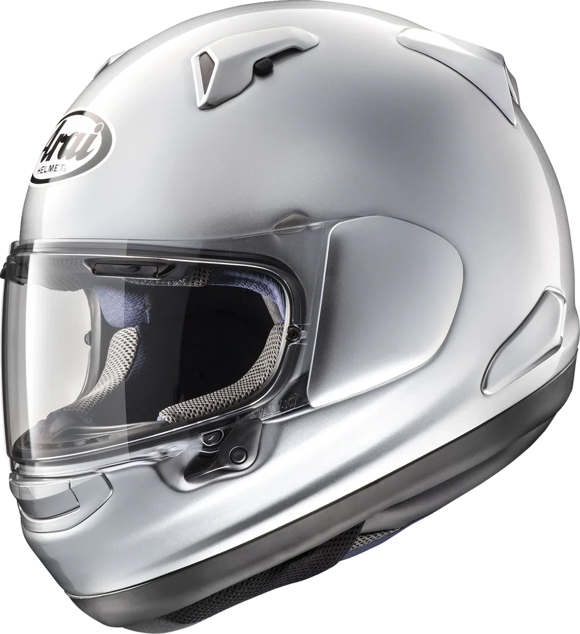 Silver Arai motorcycle helmet with clear visor, premium protective gear for riders