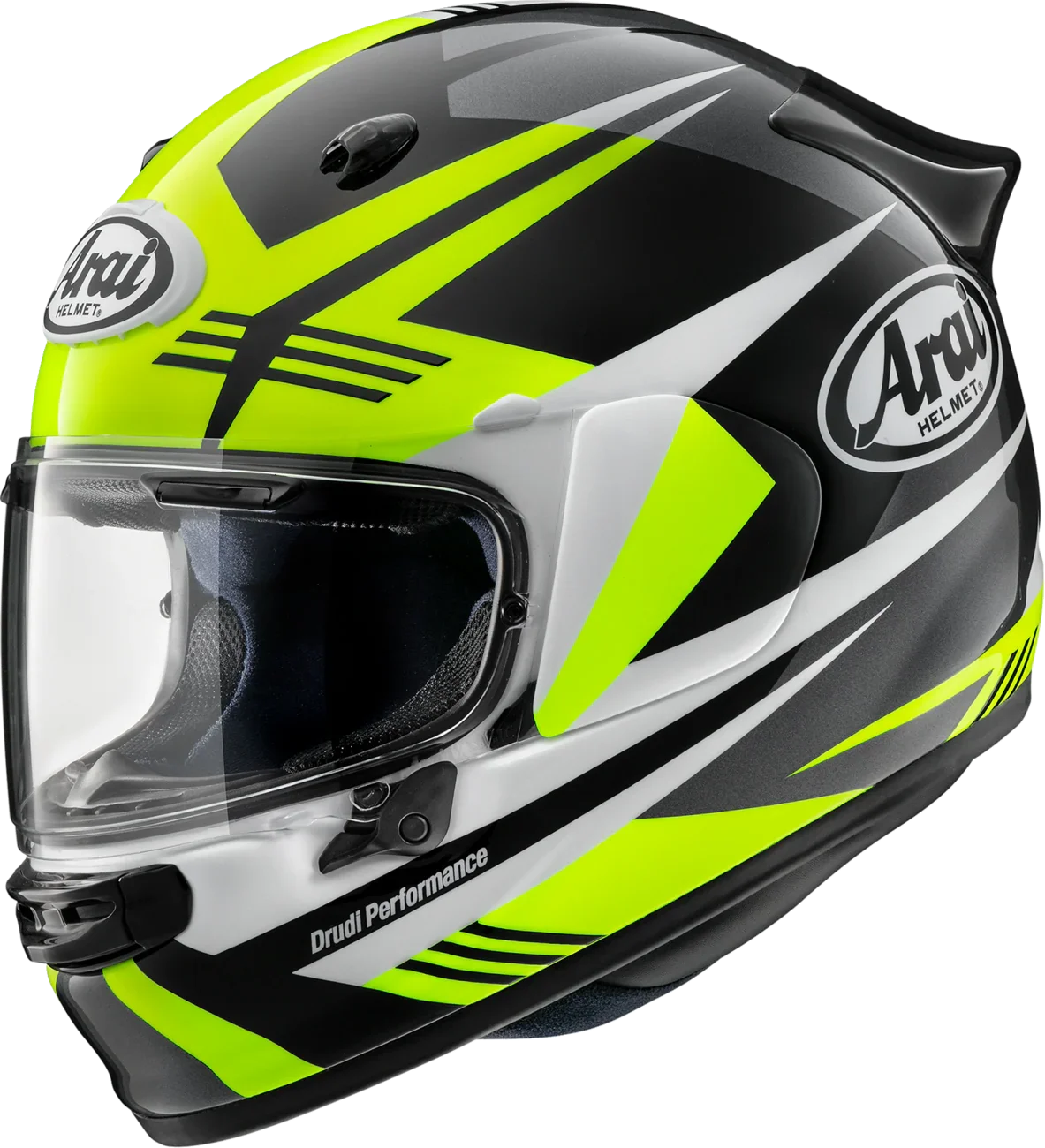Arai full-face motorcycle helmet with neon green, black, and white graphics, clear visor, and Drudi Performance branding