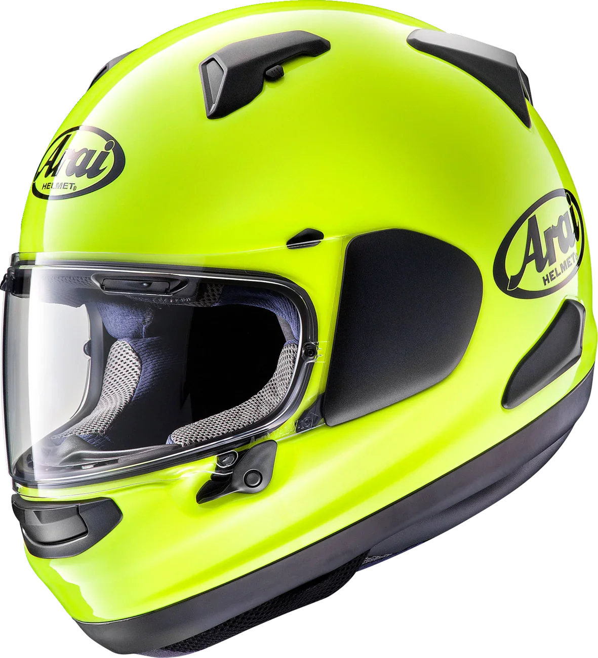 Bright yellow Arai motorcycle helmet with clear visor and black accents, full-face design for rider safety