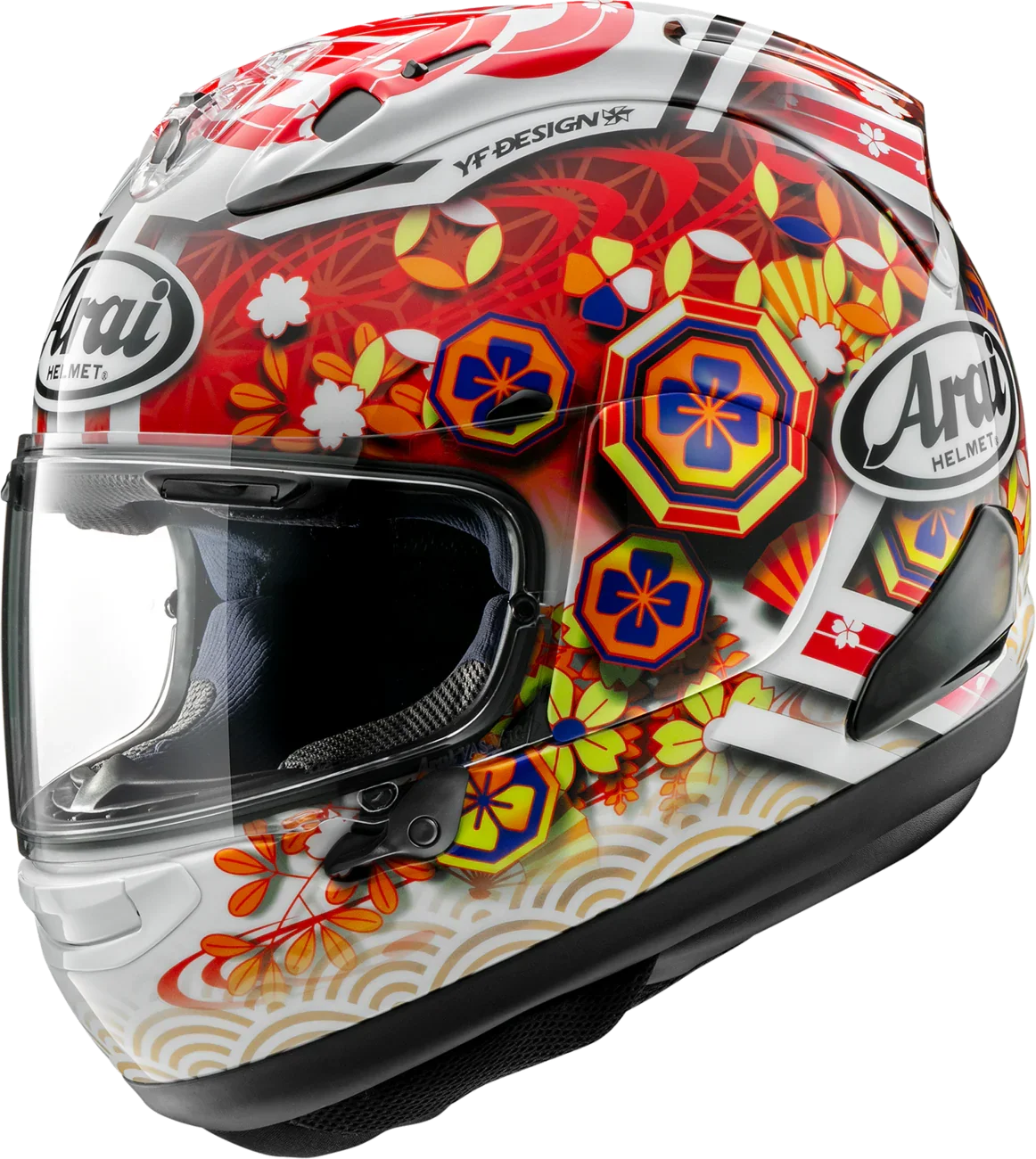 Arai full-face motorcycle helmet with vibrant floral and geometric design, featuring clear visor and YF Design graphics.