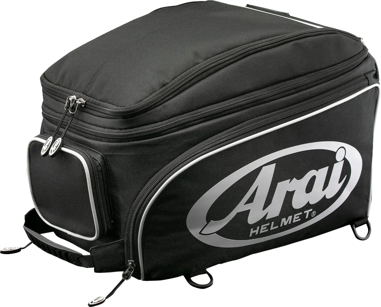Black Arai helmet bag with silver logo, multiple zippers, and carry handles for motorcycle gear storage