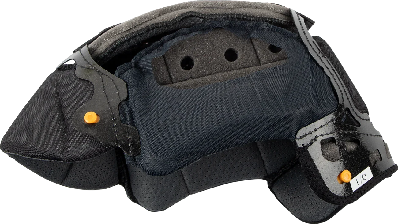 Black motorcycle helmet interior with ventilation holes and orange adjustment knobs for comfort fit