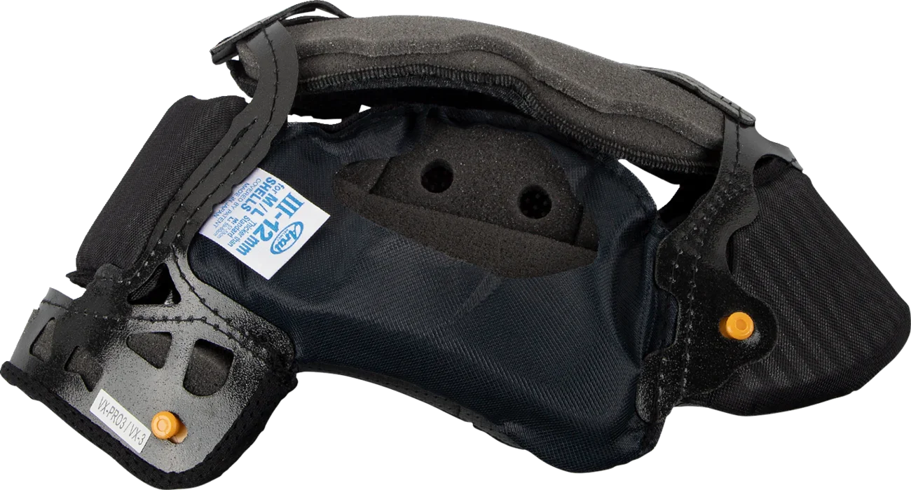Arai VX-Pro3/VX-3 motorcycle helmet interior with comfort padding and size label, black fabric with orange accents