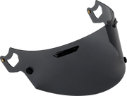 Dark tinted motorcycle helmet visor with mounting hardware, compatible with premium protective gear